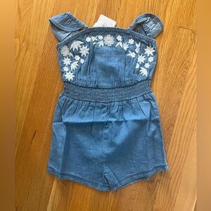 Mud Pie Denim Romper with White Floral Embroidery